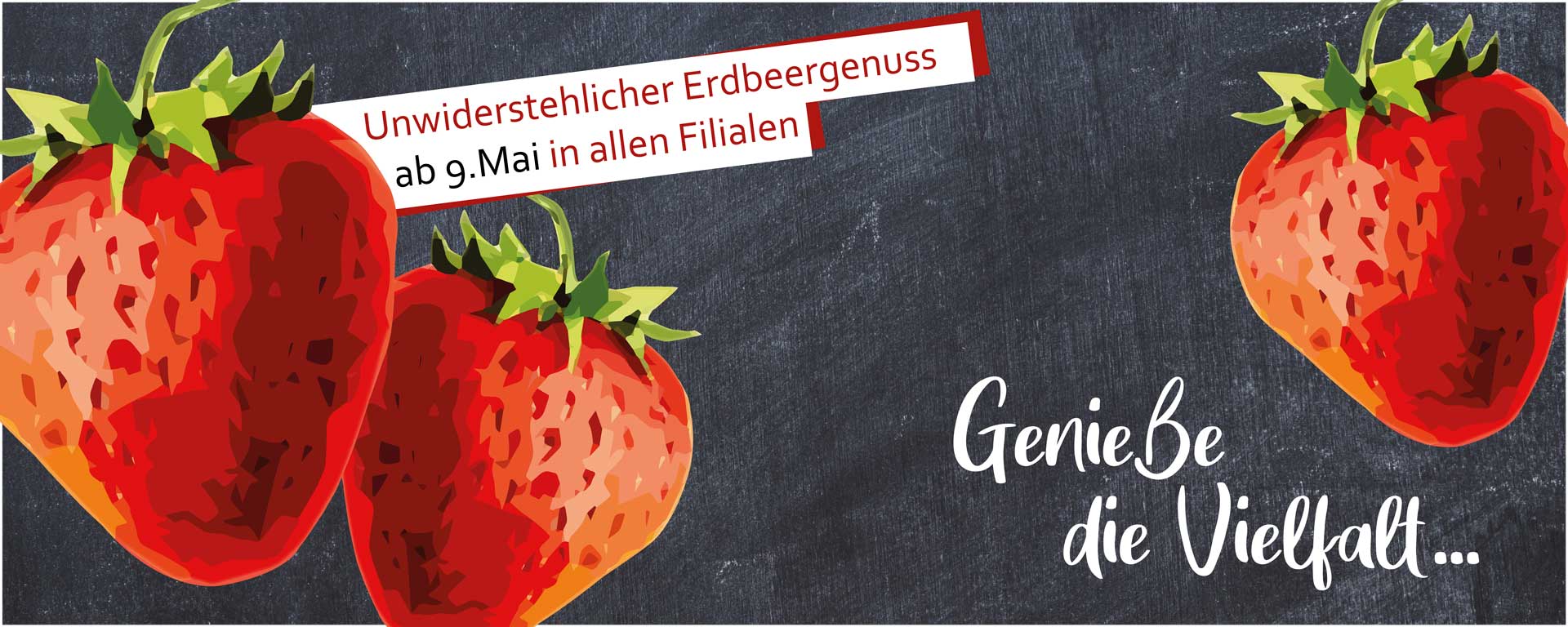 Erdbeere stilisiert, Hinweis auf Erdbeer-Genusswochen ab Montag, 9. Mai 2022